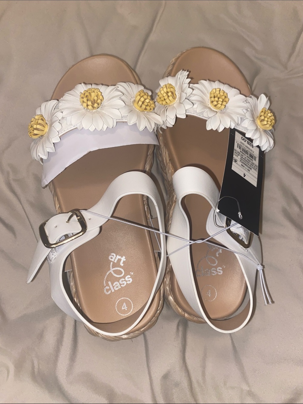 art class White Sandals with Yellow Daisy Embellishments